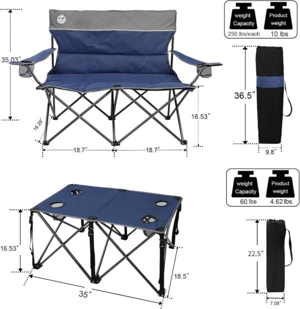 Folding Camping Chair Set of 4,Portable Collapsible Conversation Set w/1 Sofa,2 Single Chairs and 1 Table for Family Patio,Outdoor Travel,Beach(Blue) - Image 3