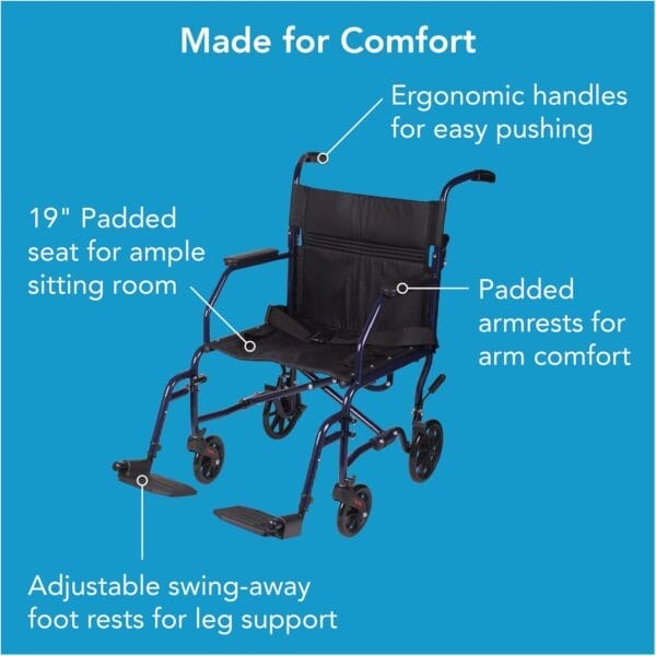 Carex Transport Wheelchair With 19 inch Seat, Folding Transport Chair with Foot Rests, Foldable Lightweight Wheelchair Foldable for Storage and Travel - Image 7