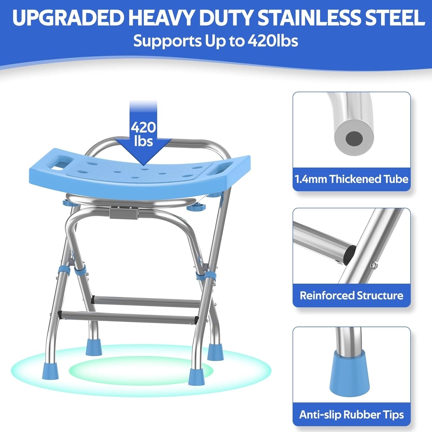 Folding Shower Seat - Stainless Steel Shower Chair for Inside Shower - 420lbs Height Adjustable Foldable Shower Stool - Portable Travel Collapsible Bath Bench for Elderly, Senior, Handicap & Disabled - Image 2