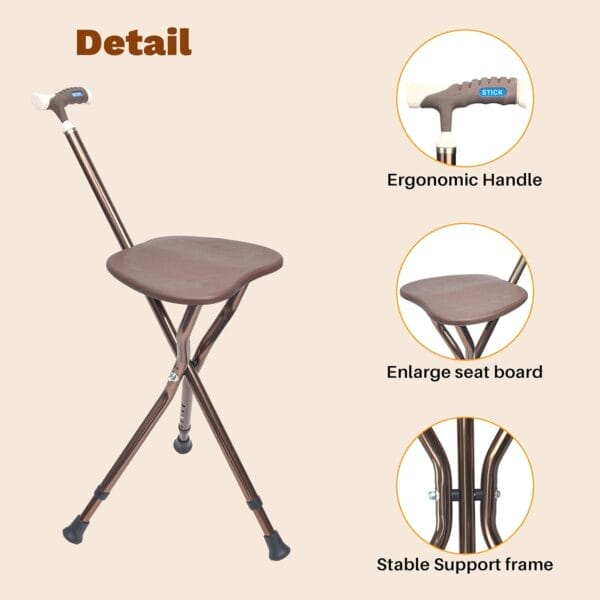 UNLICON-Brown Folding Cane Stool with Seat – Lightweight Adjustable Walking Cane for Seniors, Ergonomic Design, 330 lbs Capacity, Portable and Convenient Cane Chair with Anti-Slip Feet - Image 5