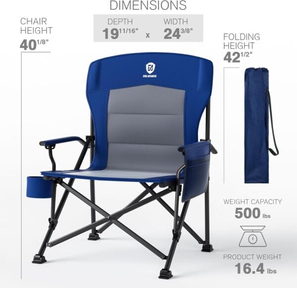 EVER ADVANCED Oversized Folding Camping Chair for Adults, Heavy Duty Lawn Chair with Side Pockets, Portable Collapsible Quad Chair for Outside, Support Up to 500lbs - Image 8