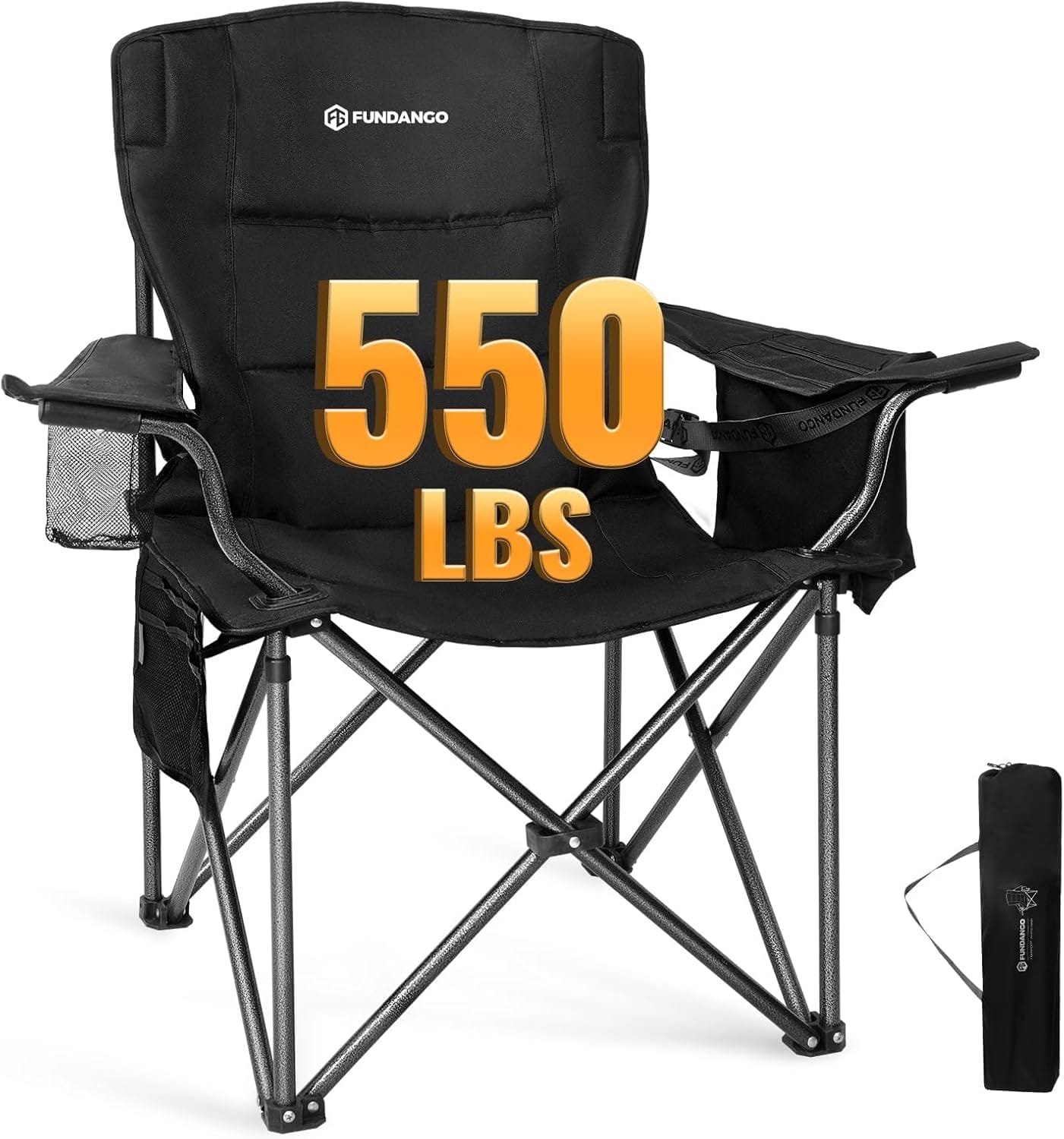FUNDANGO Oversized Fold Camping Chair for Adults, 550 Lbs Portable Folding Beach Fishing Lawn Chair with Cushion seat & Back, 4-can Cooler&Cup Holder, Carry Bag Included for Outdoor (Black)