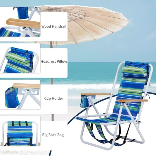 Outvita Folding Beach Chair Adjustable Headrest w/4 Flexible Tilt Angle, Cup Holder Portable High Strength Cleanable Fabric, for Sand Camping Lawn Concert Travel Festival - Image 5