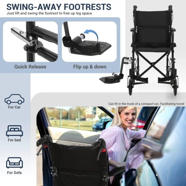 monicare Wheelchairs for Adults 16 inch Seat Folding Compact Transport Chair with Loop-Lock Handbrakes and Back Folds Down Foldable Lightweight Wheel Chair for Storage, 250 lbs Capacity, Black - Image 6