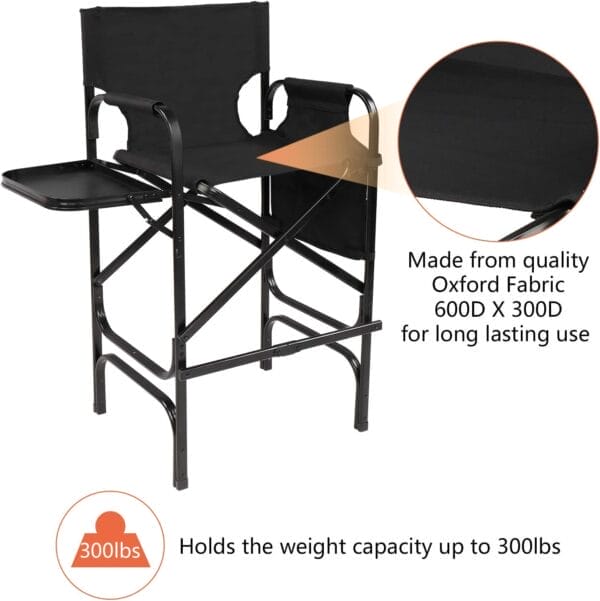 mefeir 30" Tall Directors Chair Black Folding with Side Table Storage Bag,Portable Makeup Artist Bar Height, Aluminum Frame 300 lbs Capacity, 19.2" D x 23.6" W x 45.6" H - Image 3