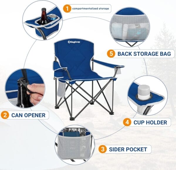 KingCamp Portable Folding Camping Quad Chair, Oversized Fully Cushioned Seat with Side Pocket and Cup Holder, for Tailgates, Beach, Lawn - Image 5