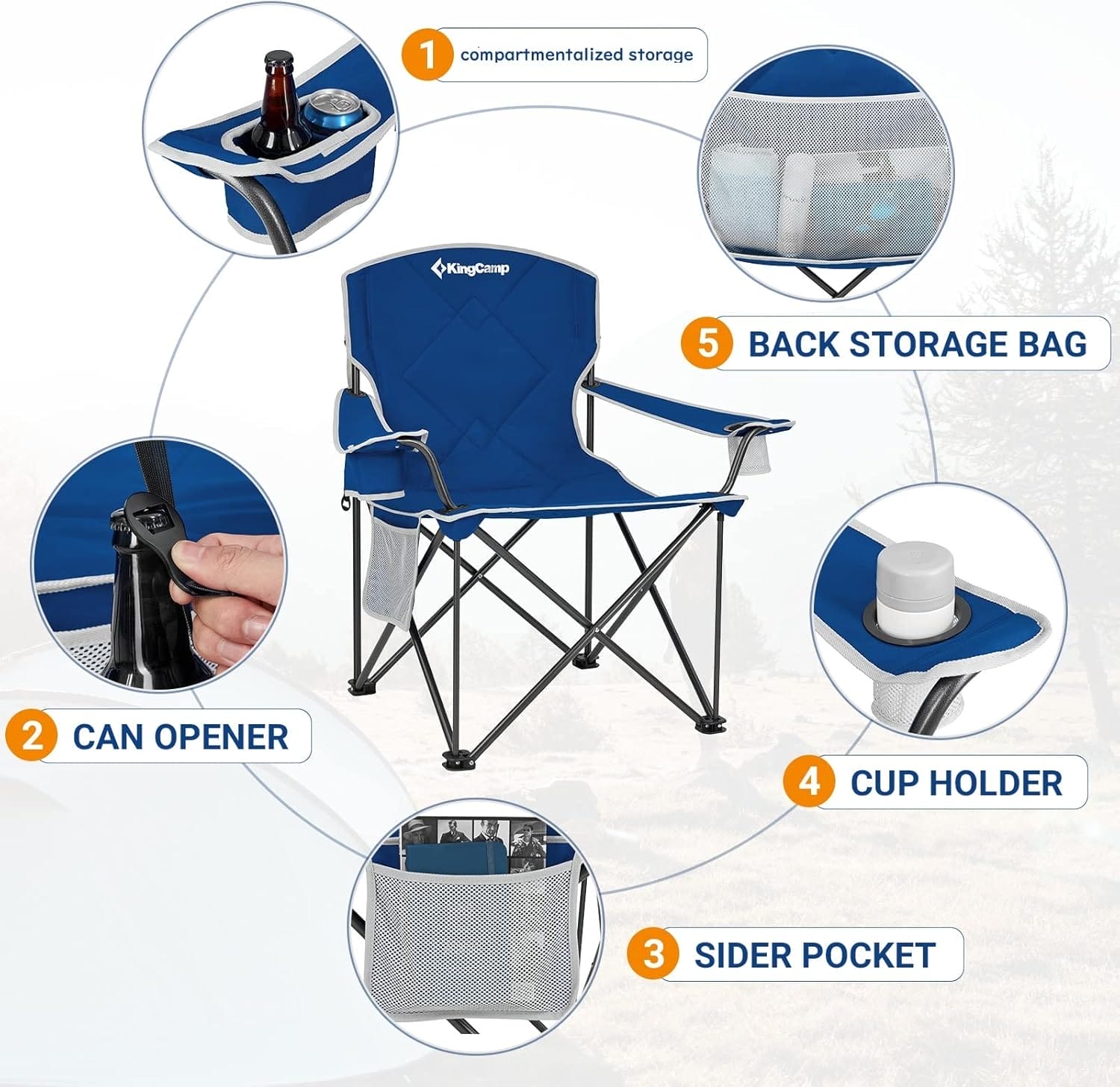 KingCamp Portable Folding Camping Quad Chair, Oversized Fully Cushioned Seat with Side Pocket and Cup Holder, for Tailgates, Beach, Lawn - Image 5