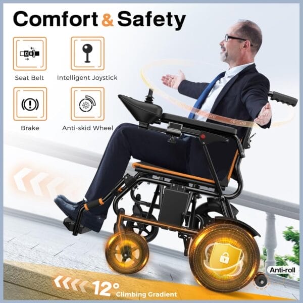 POWET Electric Wheelchairs for Adults, Intelligent Foldable Electric Wheelchair for Senior, 15 Miles Long Cruise Range Power Wheelchair, All Terrain Motorized Wheelchair with Powerful Motor (Orange) - Image 3