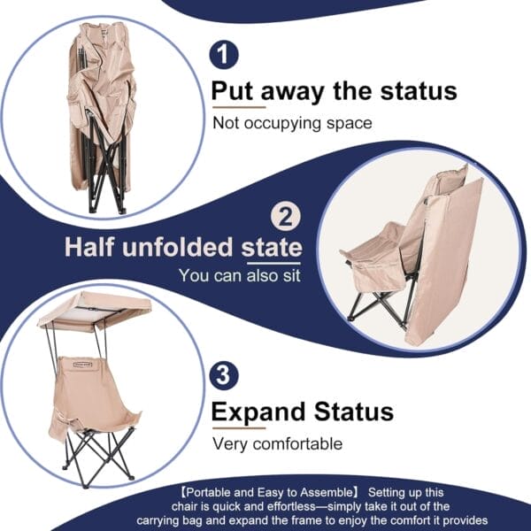 YOUNG WOOD Portable Camping Chair Beach Chair with Shade Canopy, Fold Lightweight Oversized Suit for All, Easy to Open,Close Without Installation, Side Pocket Design for All Outdoor Activities,Khaki - Image 6