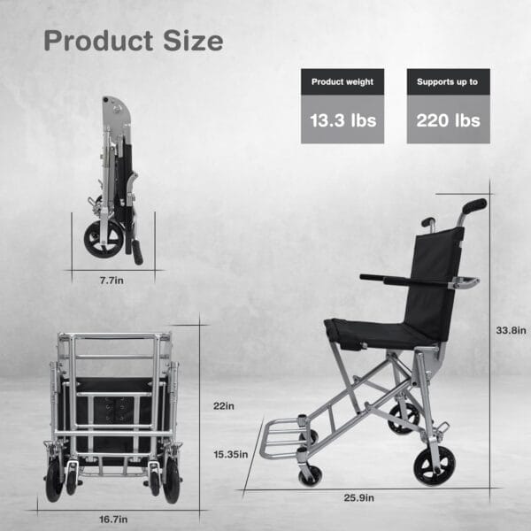 Transport Wheelchair Lightweight Foldable,Wheel Chair for Adults, with Foldable Handle,Airplane Cabin use,13.3lbs Portable Folding Travel Transfer Wheel Chairs for Seniors - Image 2