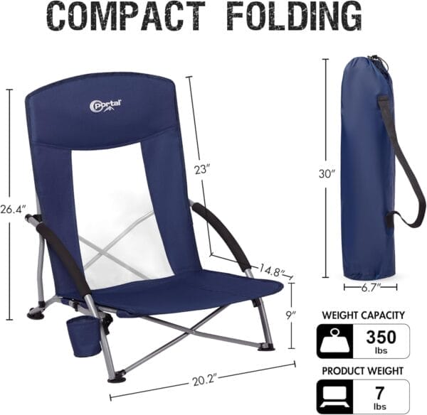 PORTAL Beach Chairs for Adults Camping Low Lightweight Portable Chair with Cup Holder Mesh Back Carry Bag for Outdoor Sand Lawn Travel Picnic Festival Concert, 350LBS - Image 3