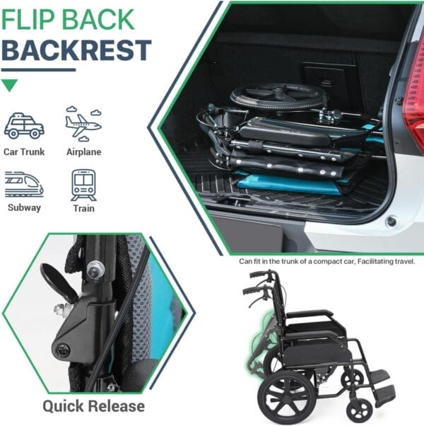 Magshion Foldable Transport Wheelchair for Adults 250 Lbs, Lightweight Transport Chair for Seniors, Portable Wheel Chair with Removable Cushion, Push-to-Lock & Hand Brakes, 17.5" Seat (Black Frame) - Image 7