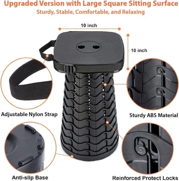 Portable Foldable Stool Set - Heavy Duty Square Collapsible Stool + Thick Seat Cushion - Great Value Pack for Camping Travel Picnic Gardening (Black) - Image 2