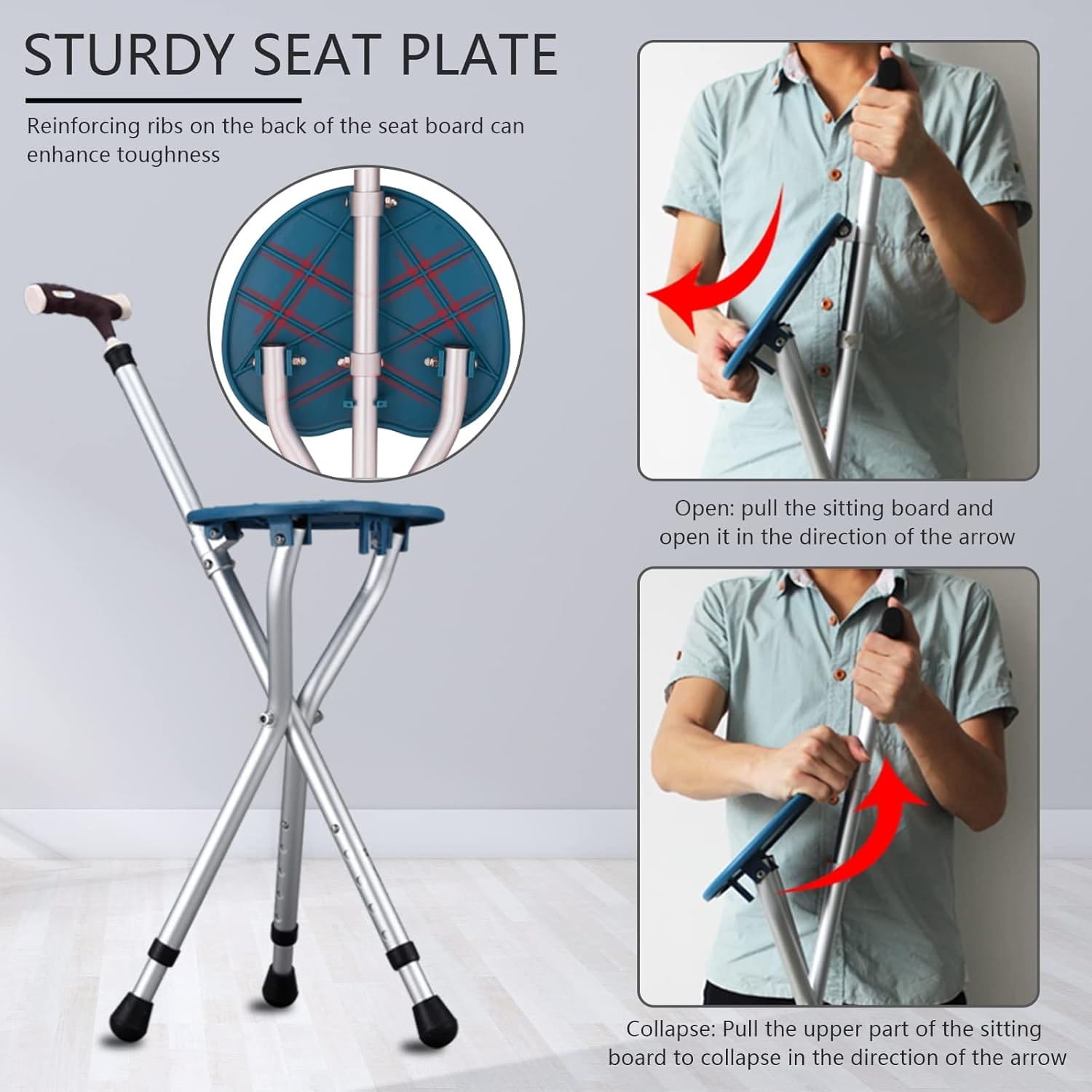 Hold 440 lbs Folding Canes with Seat Walking Stick Height Adjustment Cane Seat Capacity Frosted Handle with Magnetic Therapy Stone Massage Crutches Stool - Image 4