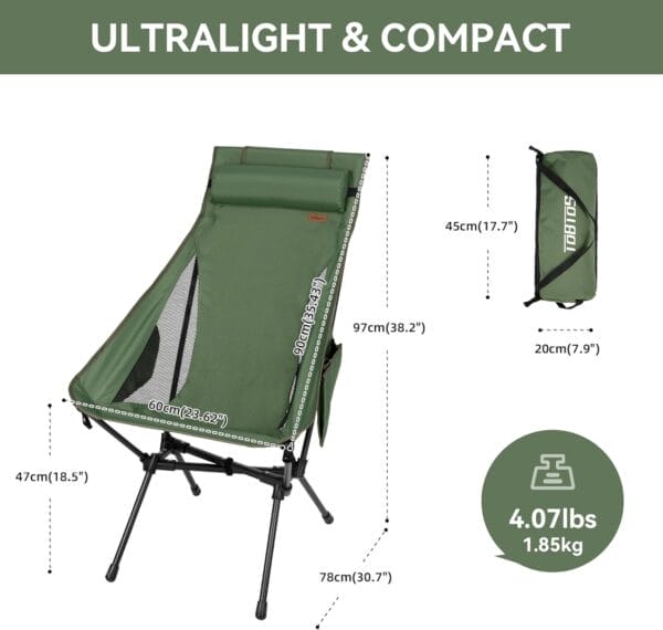 Portable High Back Camping Chair, Support Heavy Duty 440 lbs, Lightweight Folding Chair with Adjustable Pillow for Hiking, Beach, Backpacking (Green) - Image 3