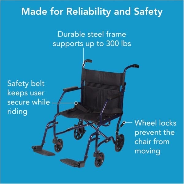 Carex Transport Wheelchair With 19 inch Seat, Folding Transport Chair with Foot Rests, Foldable Lightweight Wheelchair Foldable for Storage and Travel - Image 5