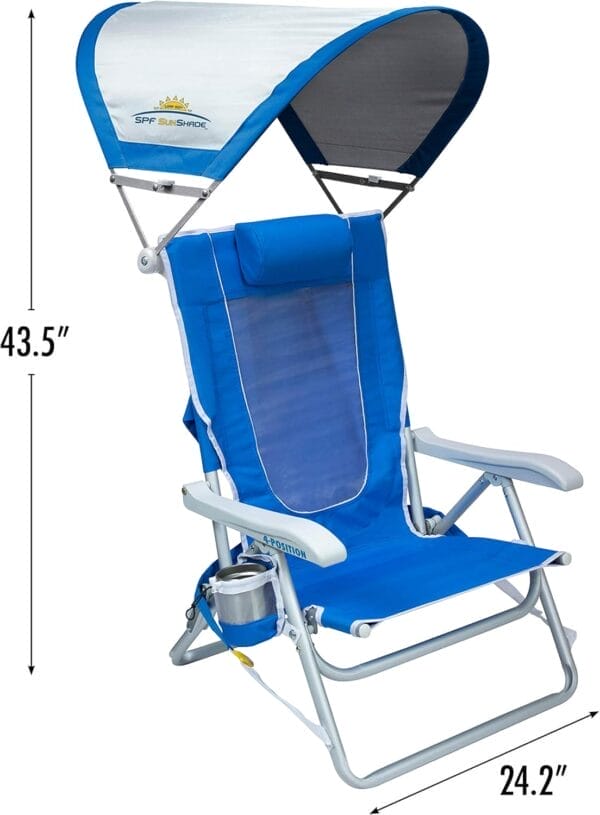 GCI OUTDOOR Sunshade Backpack Beach Chair | Reclining Folding Canopy Chair with Durable Armrests, Drink Holder & Carry Straps, Perfect for Beach Trips & Picnics — Saybrook Blue - Image 6