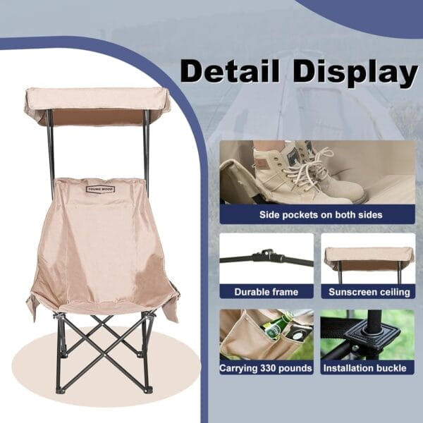 YOUNG WOOD Portable Camping Chair Beach Chair with Shade Canopy, Fold Lightweight Oversized Suit for All, Easy to Open,Close Without Installation, Side Pocket Design for All Outdoor Activities,Khaki - Image 4