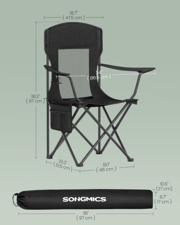SONGMICS Breathable Camping Chairs, Foldable Outdoor Chairs Set of 2, High Back, Adjustable Armrests, Drink Holder, Weight Capacity 330 lb, for Sports Garden Backyard, Ink Black UGCB028B02 - Image 2