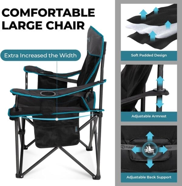 FUNDANGO Oversized Camping Chair for Adults, 550 Lbs Portable Folding Beach Fishing Lawn Chair with Cushion seat & Back, 4-can Cooler&Cup Holder, Carry Bag Included for Outdoor (Black/Grey) - Image 3