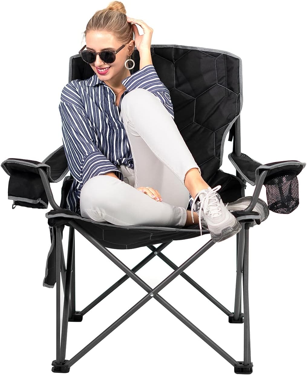 SUNNYFEEL XXL Oversized Camping Chair, 500 LBS Heavy Duty Lawn Chairs, Portable Folding Sports Chairs with Armrest, Cup Holder, Pocket ＆Bag for Outdoor/Travel/Picnic