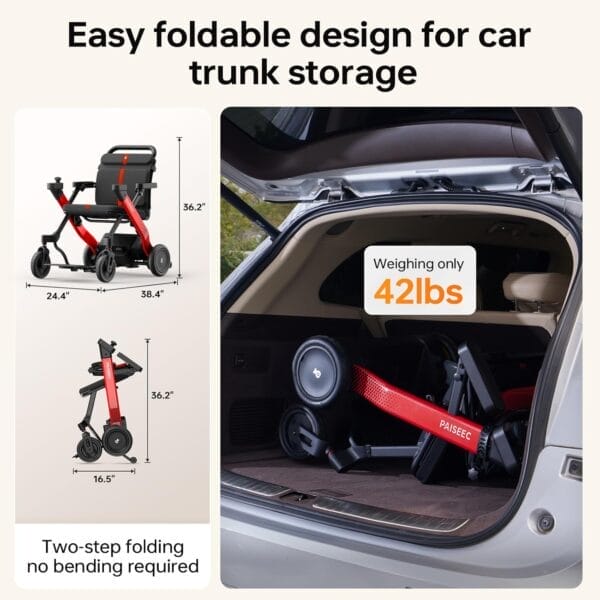 Foldable Electric Wheelchair for Adults & Seniors, Motorized Wheelchair & Rollator Walker Combo with Height-Adjustable Handles, Airline Approved, Travel Size, 18 Miles Range, Power Wheelchair, Red - Image 5