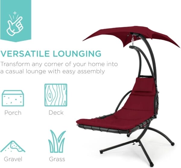 Best Choice Products Outdoor Hanging Curved Steel Chaise Lounge Chair Swing w/Built-in Pillow and Removable Canopy - Burgundy - Image 6