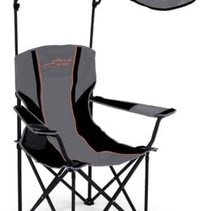FAIR WIND Oversized Camping Lounge Chair with Adjustable Shade Canopy, Heavy Duty Quad Fold Chair Arm Chair - Support 350 LBS (Black Grey)