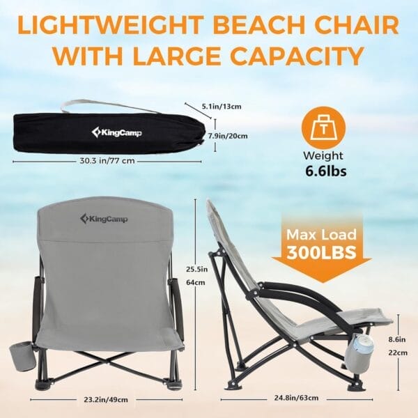 KingCamp Low Beach Chairs, Portable Folding Chair for Adults Extra Wide Ergonomic High Back Seat 300lbs Heavy Duty Lightweight Oversized Gear with Carry Bag for Outdoor Lawn Camping Picnic - Image 3