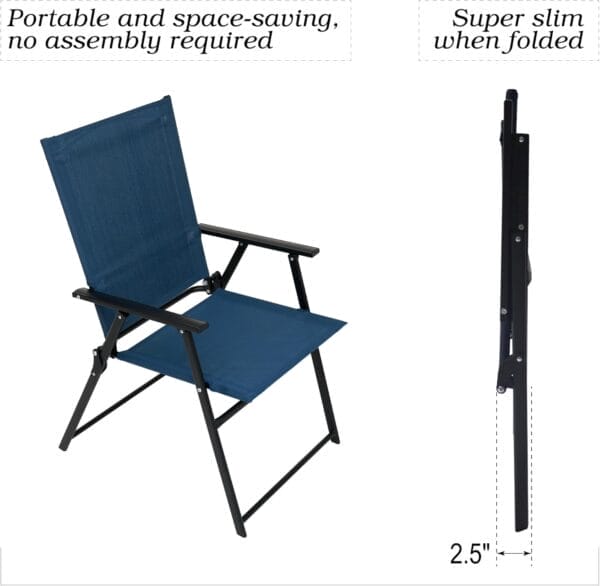 2 Pcs Folding Patio Chairs, Outdoor Dining Chairs with Blue Sling High Back and Armrests Used for Camping Garden Backyard Pool Porch - Image 4