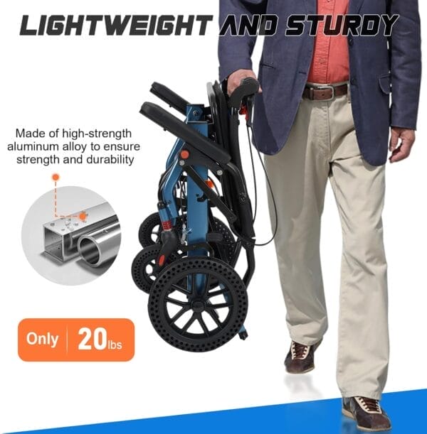 20 LBS Lightweight Foldable Transport Wheelchair for Adults & Seniors - 10” Honeycomb Tires, Double Handbrake, Aluminum Frame, Holds 220 LBS, Portable for Travel & Daily Use - Image 2