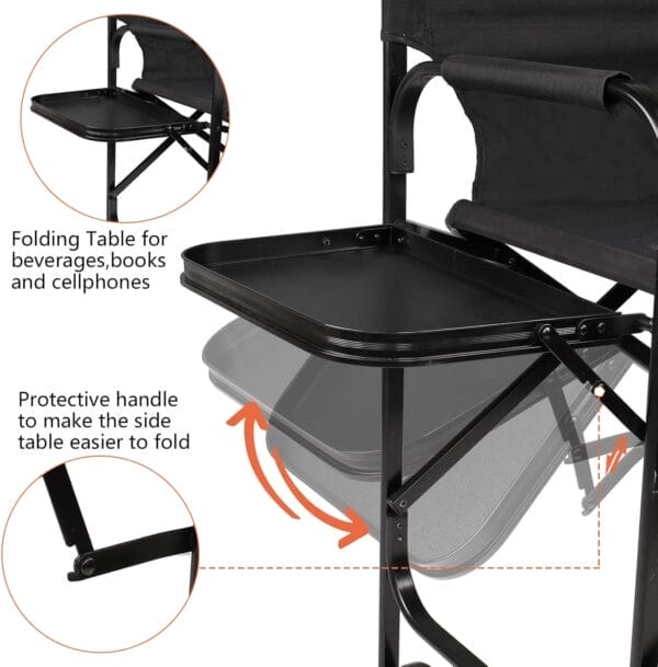 mefeir 30" Tall Directors Chair Black Folding with Side Table Storage Bag,Portable Makeup Artist Bar Height, Aluminum Frame 300 lbs Capacity, 19.2" D x 23.6" W x 45.6" H - Image 4