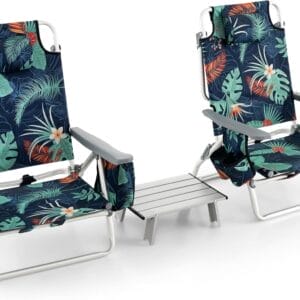 Goplus Beach Chair, Folding Backpack Beach Chairs for Adults with 5 Positions, Head Pillow, Cooler Bag, Towel Bar, Cup Holders, Sunbath Sling Tanning Lounge, Foldable Layout Camping Chairs