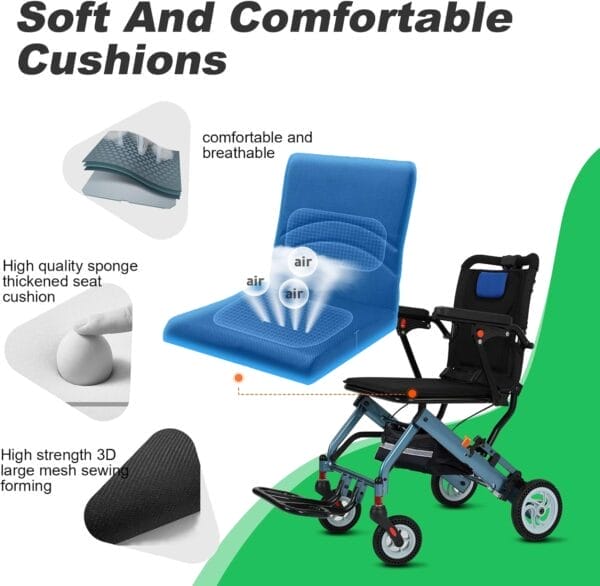 Ultra Lightweight Wheelchairs for Adults 20lbs - Foldable Transport Chair with 8" Honeycomb Tires & Detachable Cushion, 220lbs Capacity - Elderly Wheelchair for Travel, Hospital, Home Use (Blue) - Image 5