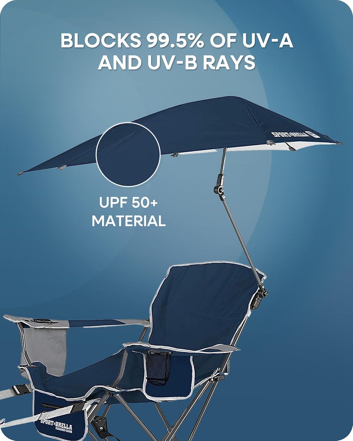 Sport-Brella Reclining Beach Chair (Midnight Blue) - 3-Position Adjustability, Detachable Footrest - 3-Way Swiveling UPF 50+ Umbrella - Insulated Drink Pocket, Cup Holder, Zippered Storage & Carry Bag - Image 8