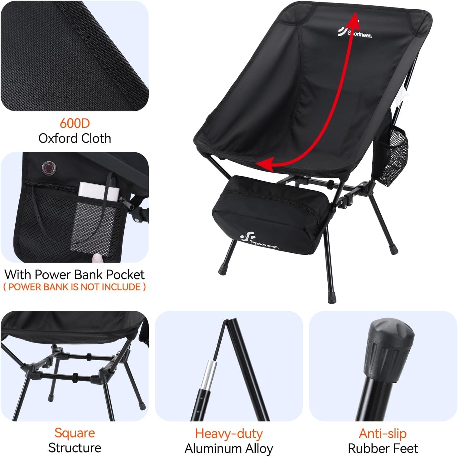 Sportneer Heated Chairs Outdoor Sports: Heated Camping Chair with USB Plug & 3 Heating Levels - Portable & Compact Heated Chair for Backpacking, Camping, Lawn, Picnic, Travel (Power Bank Not Included) - Image 8