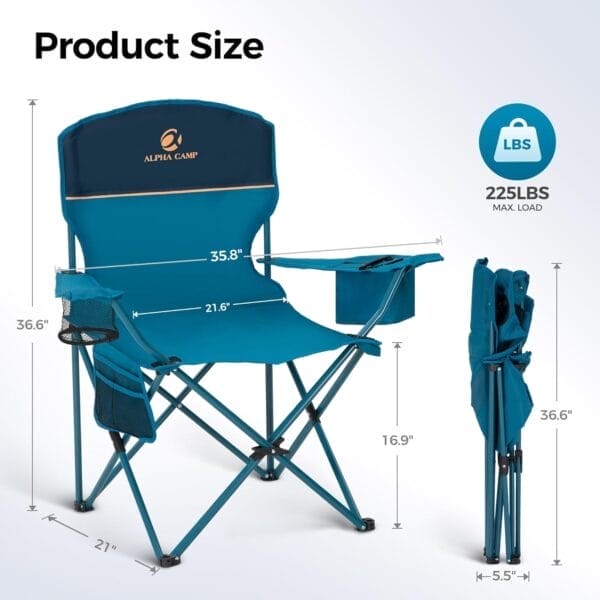 ALPHA CAMP Camping Chair 2 Pack Portable Chair with 3-Can Cooler Folding Chair with Side Pocket and Cup Holder, Collapsible for Camping, Tailgates, Beach, Fishing and Sports,2PC - Image 3