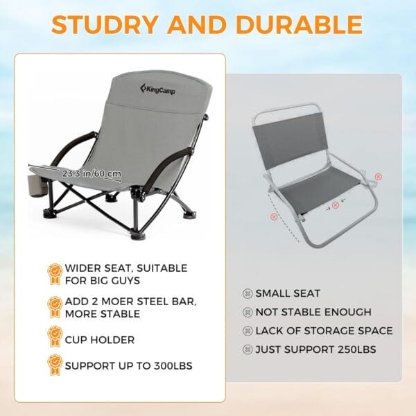 KingCamp Low Beach Chairs, Portable Folding Chair for Adults Extra Wide Ergonomic High Back Seat 300lbs Heavy Duty Lightweight Oversized Gear with Carry Bag for Outdoor Lawn Camping Picnic - Image 6