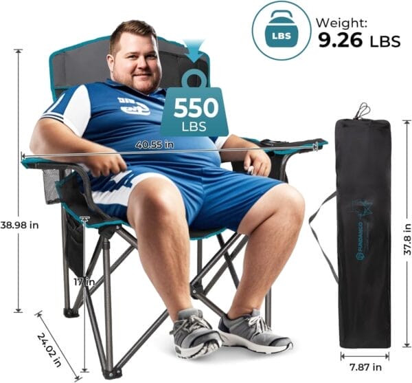 FUNDANGO Oversized Camping Chair for Adults, 550 Lbs Portable Folding Beach Fishing Lawn Chair with Cushion seat & Back, 4-can Cooler&Cup Holder, Carry Bag Included for Outdoor (Black/Grey) - Image 2