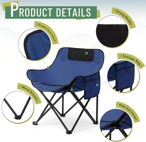 2 Pack Compact Camping Chairs Portable Folding for Outside with Carry Bag Lightweight Moon Chairs for Travel Picnic Hiking Beach Fishing, 600D Oxford, Supports 330lbs(Blue) - Image 3