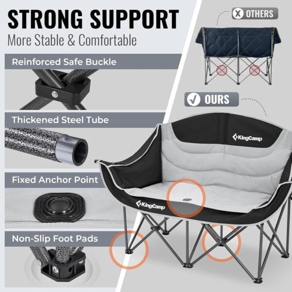 KingCamp Double Camping Chair, Oversized Heavy Duty Loveseat for Adults Portable Folding XL 2 Person Couch Padded Comfortable Two Seat with Cup Holder for Outdoor Lawn Backyard - Image 3
