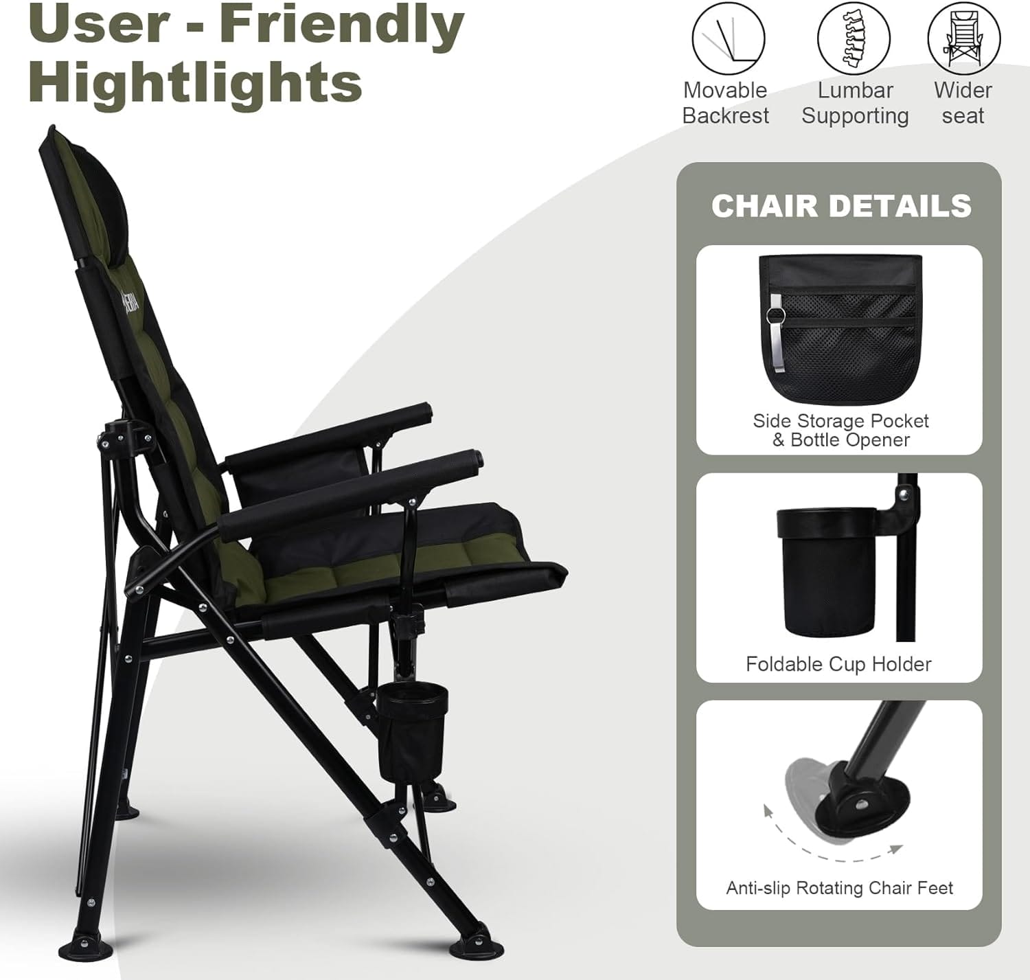 Supperella Movable Backrest Camping Chair for Adults with Cup Holder Folding Lawn Chairs for Outdoor Activities, Sports, Travel & Picnic - Image 4