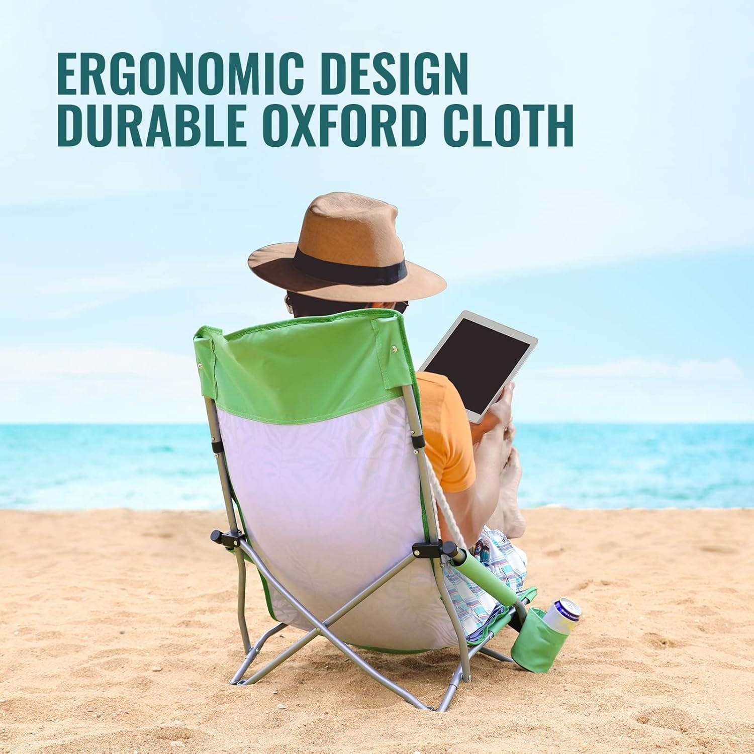 VILLEY Low Beach Chair, High Back Folding Beach Chair for Adults, Lightweight and Portable for Outdoor, Beach, Camping, Lawn, Music Festival, with Cup Holder and Carry Bag-Green Tropical Leaves - Image 4