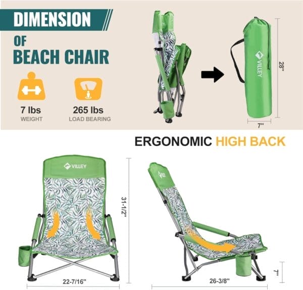 VILLEY Low Beach Chair, High Back Folding Beach Chair for Adults, Lightweight and Portable for Outdoor, Beach, Camping, Lawn, Music Festival, with Cup Holder and Carry Bag-Green Tropical Leaves - Image 3