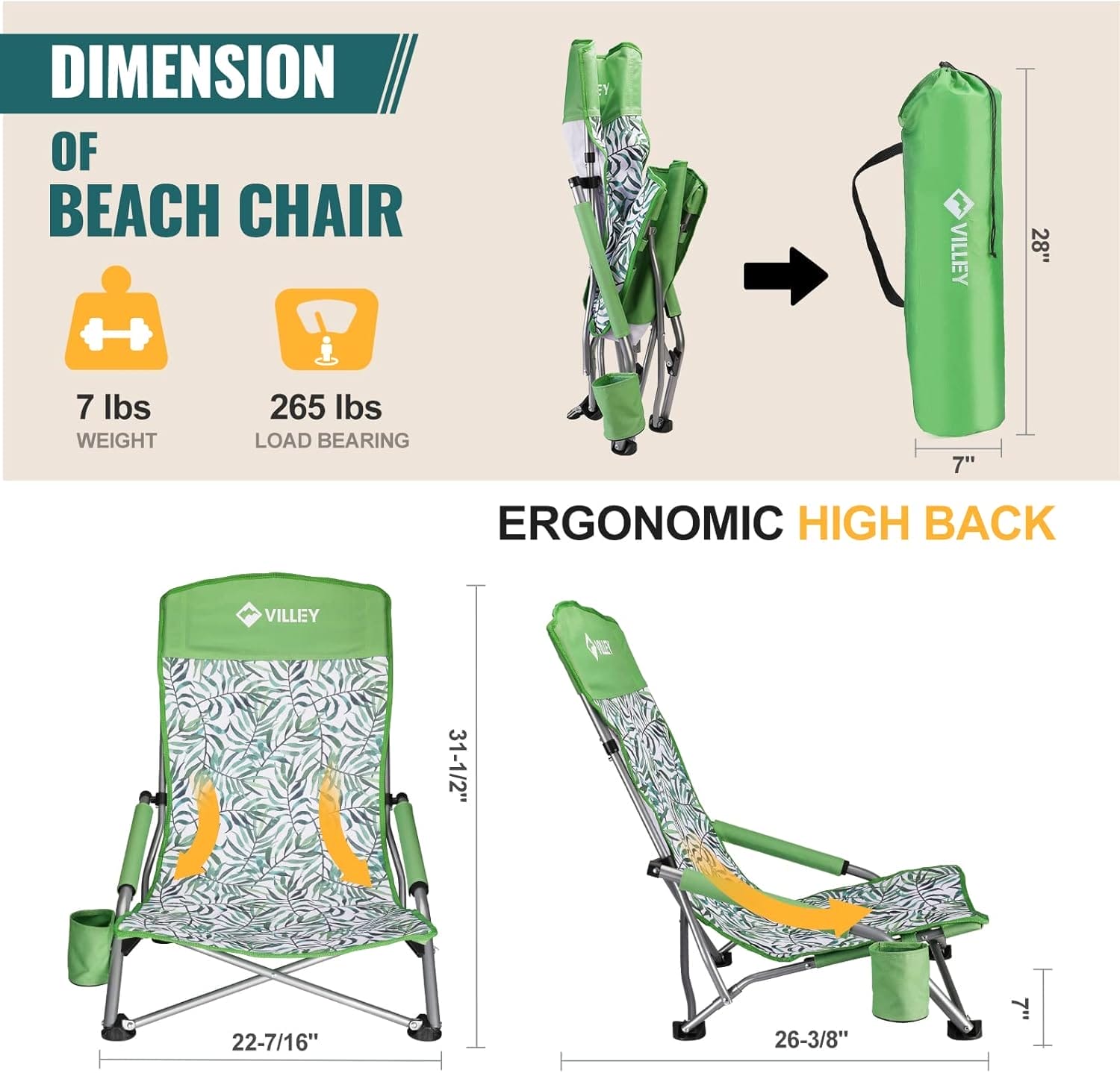 VILLEY Low Beach Chair, High Back Folding Beach Chair for Adults, Lightweight and Portable for Outdoor, Beach, Camping, Lawn, Music Festival, with Cup Holder and Carry Bag-Green Tropical Leaves - Image 3