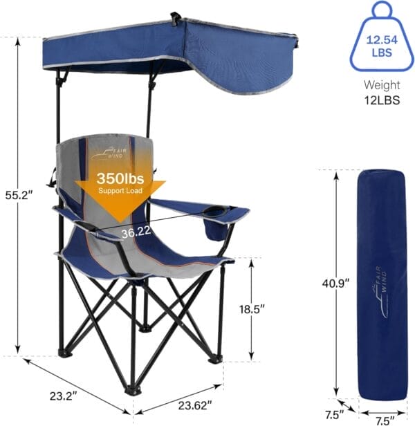 FAIR WIND Oversized Camping Lounge Chair with Adjustable Shade Canopy, Heavy Duty Quad Fold Chair Arm Chair - Support 350 LBS(Blue Grey) - Image 2