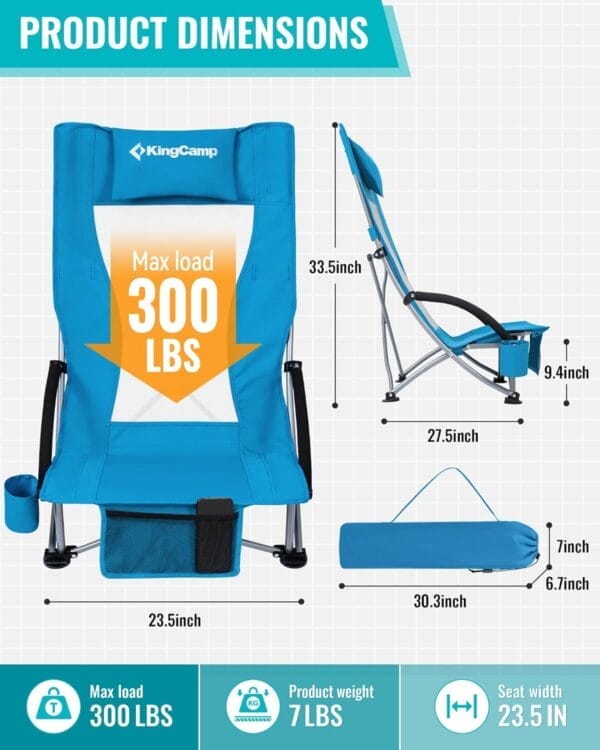 KingCamp Low Beach Chairs, Portable Folding Chair for Adults Extra Wide Ergonomic High Back Seat 300lbs Heavy Duty Lightweight Oversized Gear with Carry Bag for Outdoor Lawn Camping Picnic - Image 3