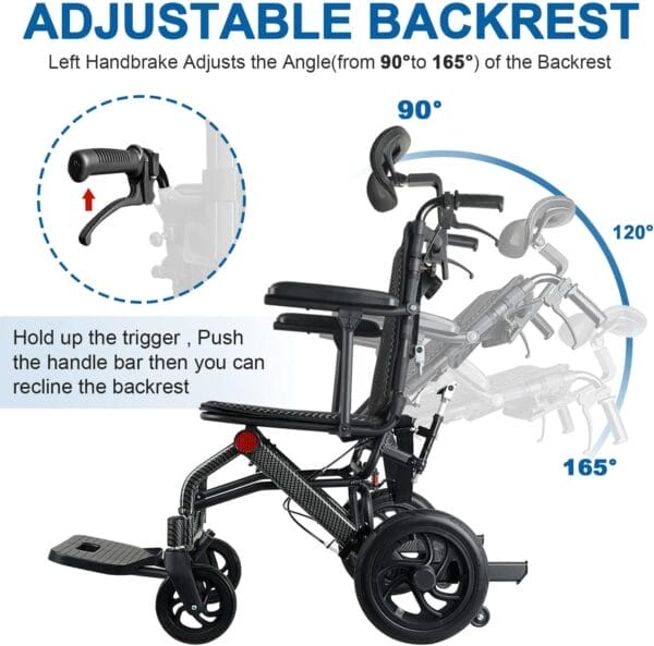 Lightweight Reclining Wheelchairs for Seniors with46cm seat wideth, Compact Foldable Travel Transport Wheelchair for Adults, Portable Aluminum Wheelchair Support 220lbs - Image 2