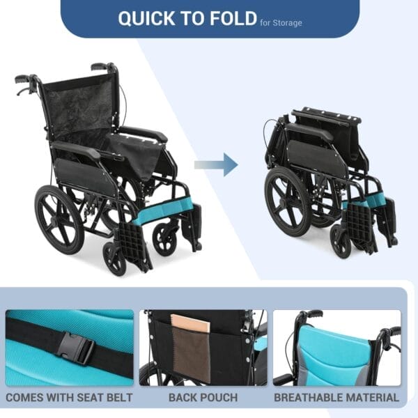 Wheel Chair for Adults with Swing-Away Footrest and Loop-Lock Handbrakes 17.5 inch Seat Wheel Chair 15" Rear Wheel Lightweight Transport Chair for Travel Compact Storage, 250 lbs - Image 8