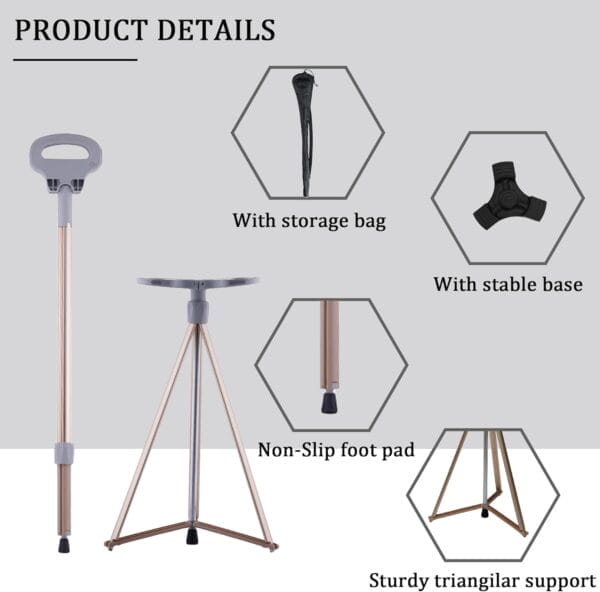 Walking Cane with Seat for Men & Women,Portable Cane Seat with Carry Bag,Lightweight Anti-Slip Walking Stick for Seniors & Adults,Foldable Adjustable Cane Chair for Travel Hiking - Image 3